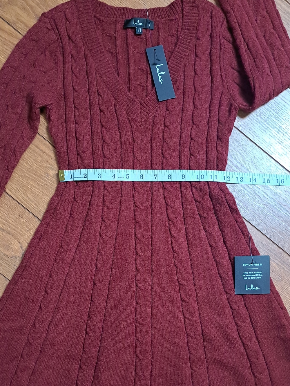 NWT Lulus Sweetly Seasonal Burgundy Cable Knit Sweater Mini Dress XS - Picture 6 of 9
